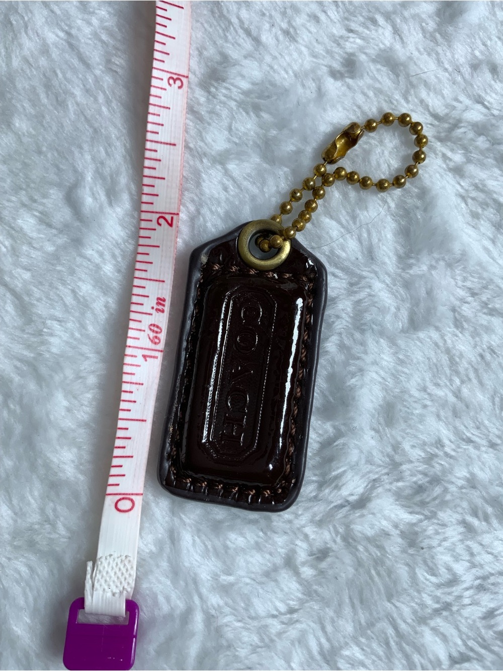Coach Dark Brown Patent Leather Key Tag with Gold Chain